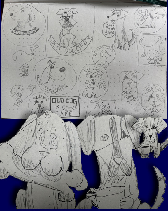 Old Dog Cafe logo sketches showing pencil drawings of dogs with the cafe name