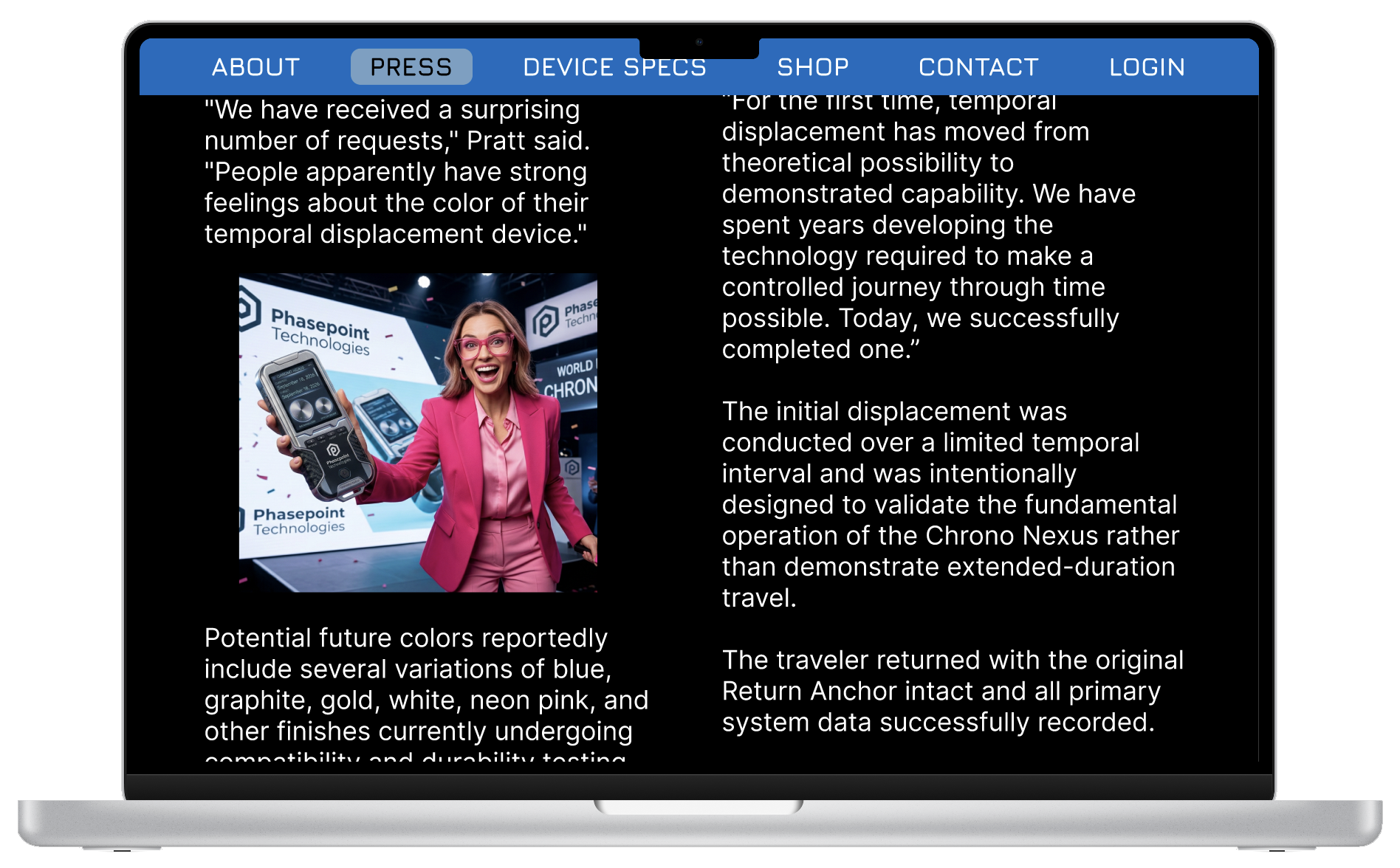 Fictional Phasepoint Technologies employee presenting the Chrono Nexus at a trade show
