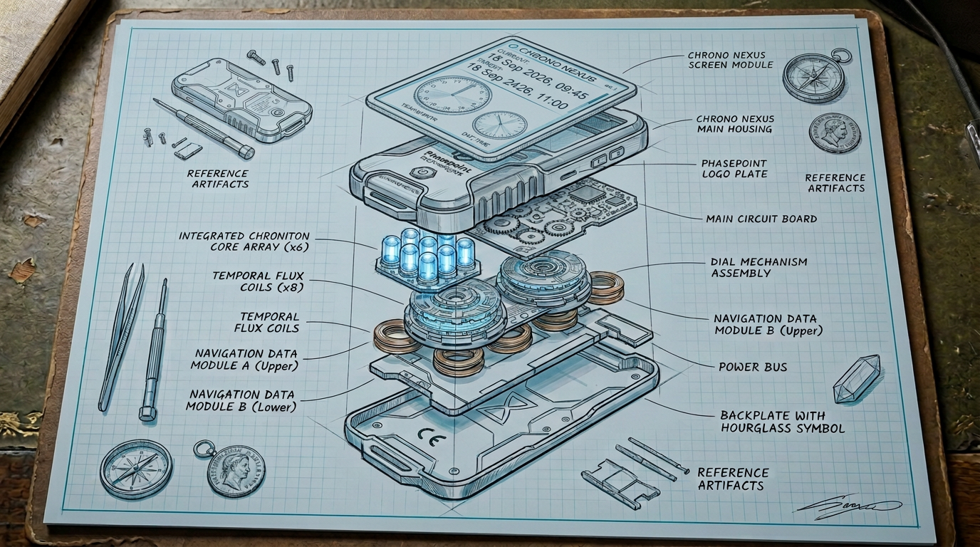 Chrono Nexus device breakdown, developed from an original hand-drawn concept sketch