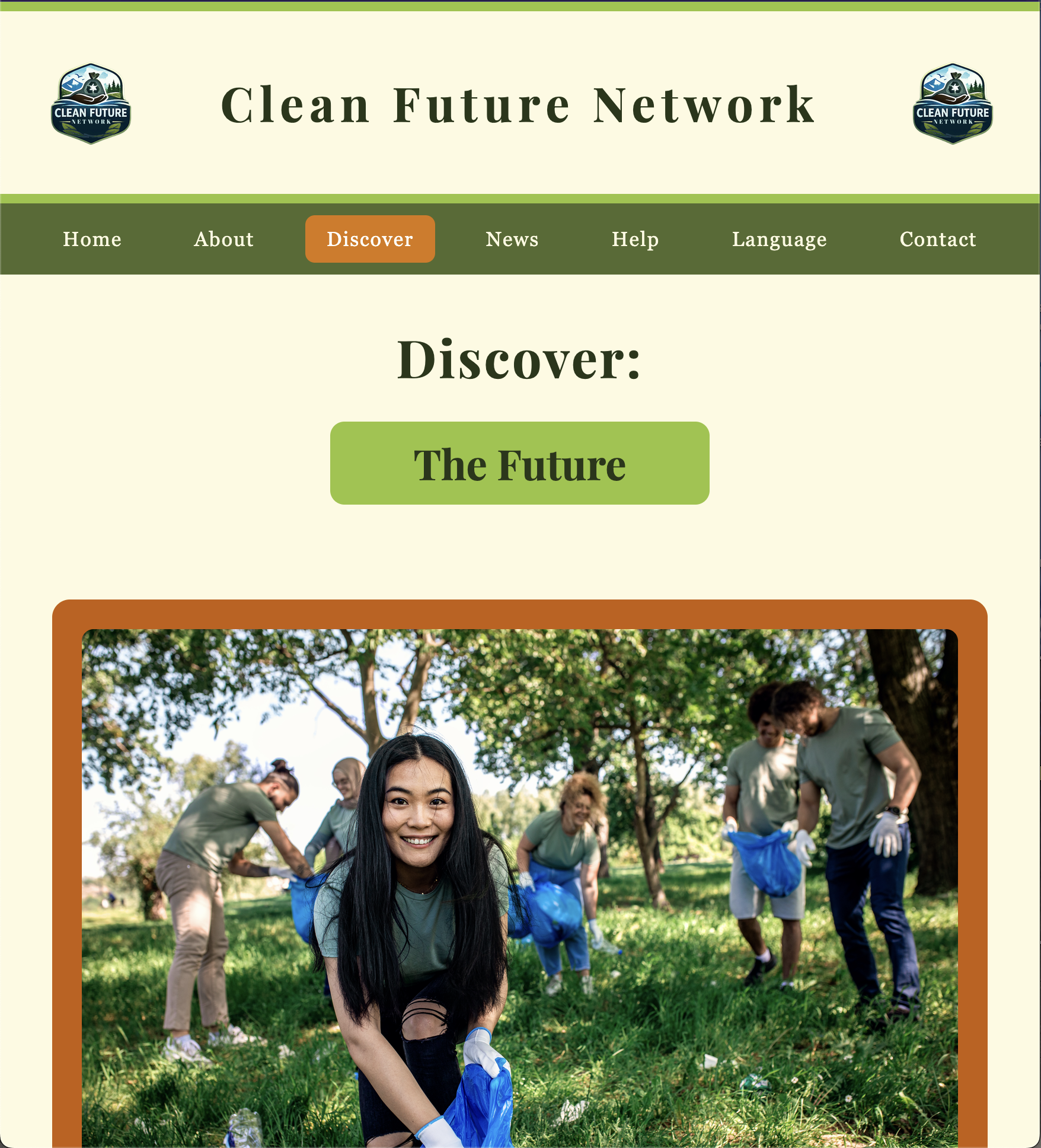 Clean Future Network Discover page showing educational content