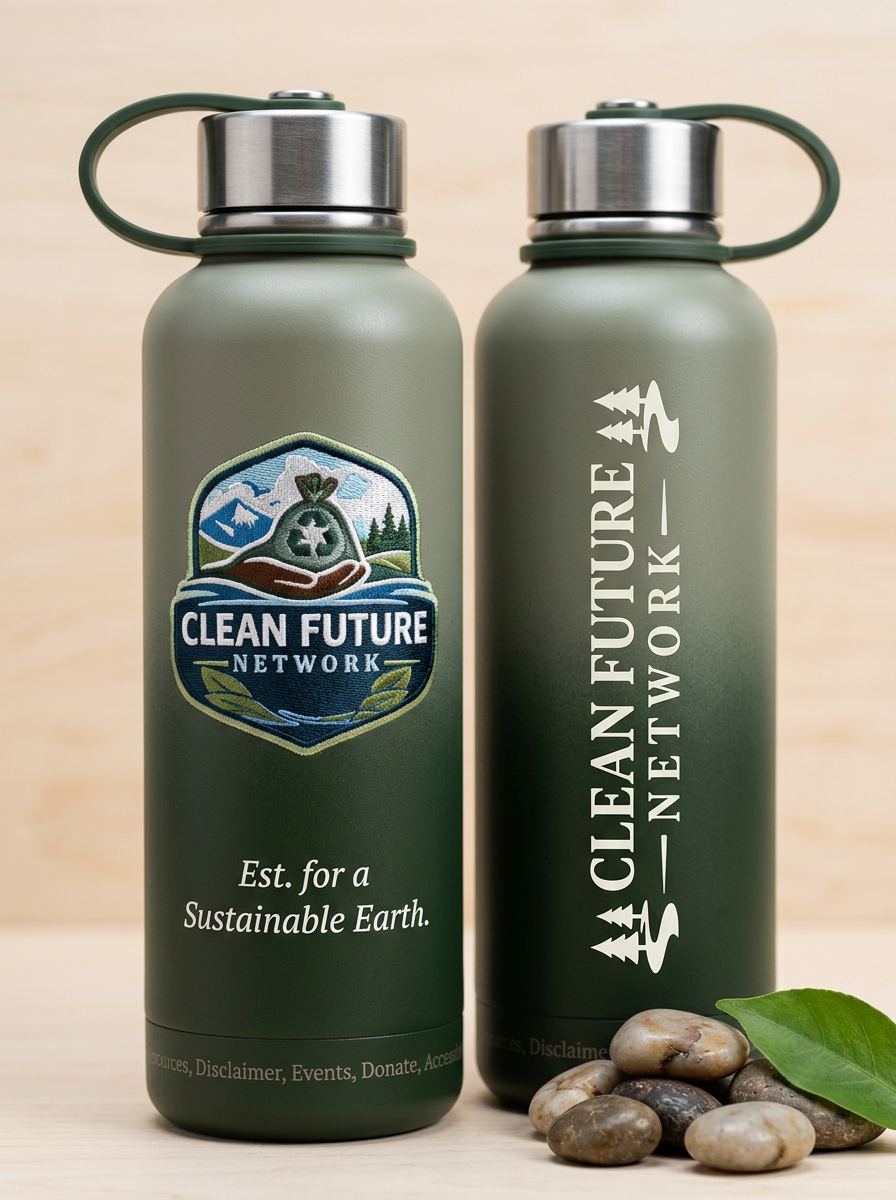Clean Future Network branded water bottle mockup
