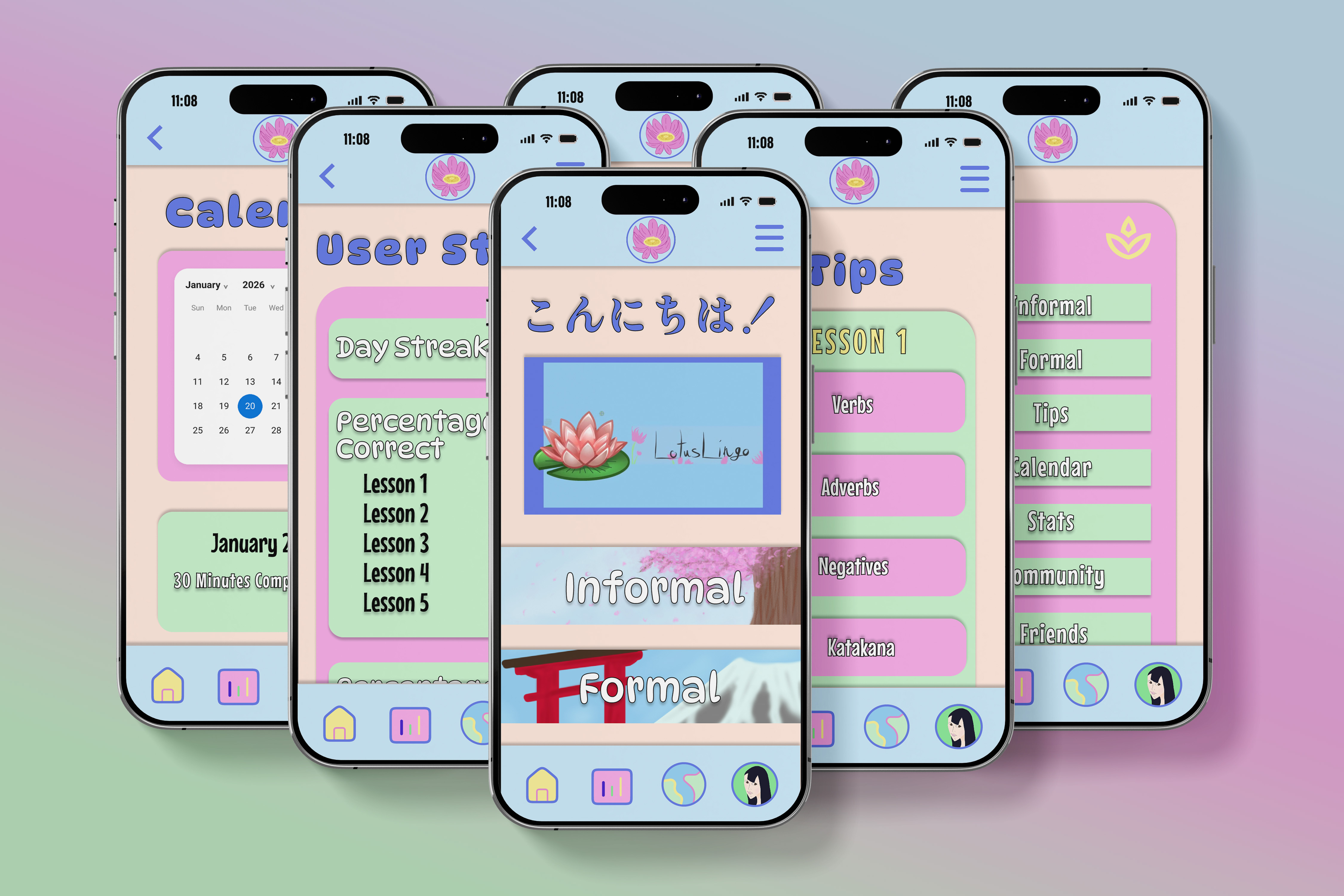 Lotus Lingo mobile app mockup showing the visual design across multiple screens