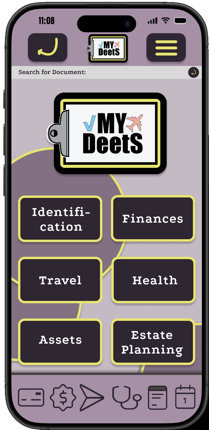 My Deets home dashboard with organized app categories