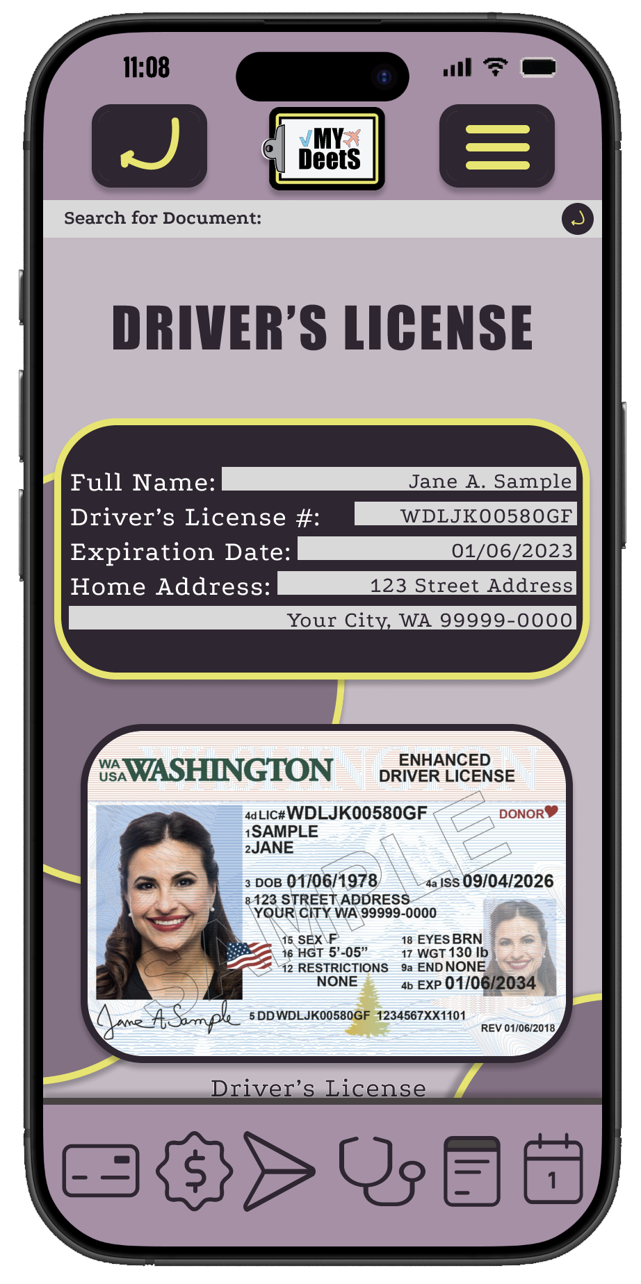 My Deets identification and personal records screen