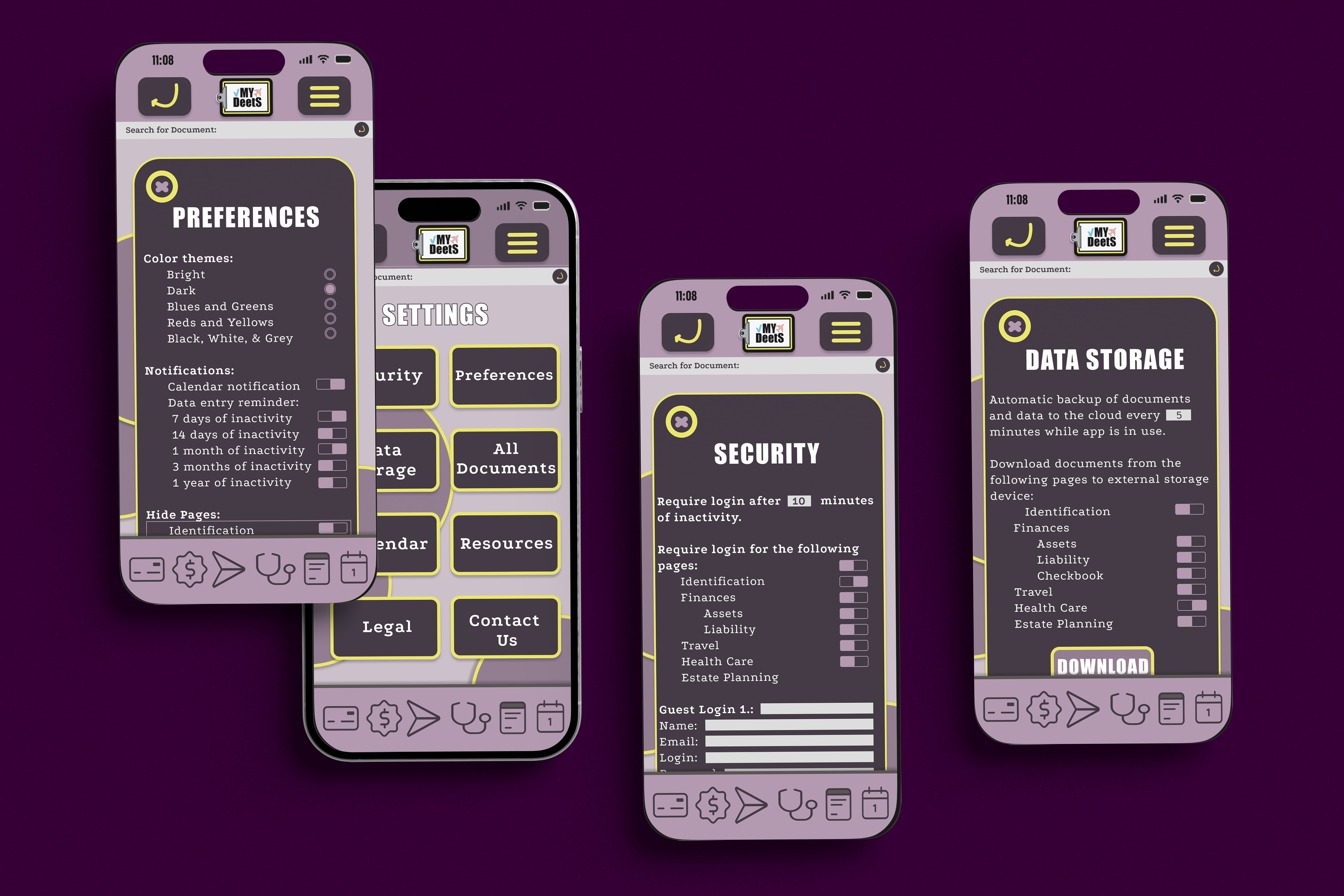 My Deets mobile app settings, security, preferences, and data management screens